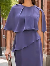 preiswerte Bodenlänge-Kleid Mutter der Braut Kleid Hochzeitsgast Kirche Elegant Einfach Minimalistisch Rundhals Bodenlänge Krepp Halblange Ärmel mit Stufen Cascading Rüschen Uni-Farbe 2025