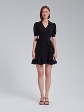 cheap Wrap Dresses-Puff Sleeve Wrap Dress with Ruffle