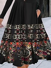 cheap Boho Dress-Women&#039;s Midi Dress Casual Dress Swing Dress A Line Dress Boho Dress Vintage Ethnic Casual Vacation Daily Regular Fit Floral Long Sleeve Crew Neck Black Summer