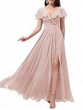 abordables Robes de demoiselle d&#039;honneur-Ligne A Robe de Demoiselle d&#039;Honneur  Col carré Sans manches Élégant Longueur au sol Nylon avec Devant Fendu 2022