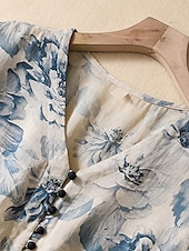 preiswerte bedruckte Kleider aus Baumwolle und Leinen-Damen Maxikleid Baumwoll-Leinen-Kleider Freizeitkleid Schwingkleid Maxikleid aus Baumwolle Basic Lässig Urlaub Täglich Normale Passform Blumen Kurzarm V Ausschnitt Khaki Sommer