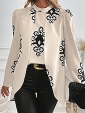 baratos Arte &amp; Design Blusas-Mulheres Camisa Social Blusa Imprimir Gráfico à moda Casual Manga Longa Gola Redonda Tops regulares Diário Branco Verão Primavera Outono