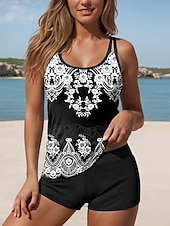 billiga Tankinis-Kvinnors badkläder Tankini 2-delad Boy Leg baddräkt Rygglös Semester Strandkläder Geometrisk U-ringad Ärmlös Badkläder