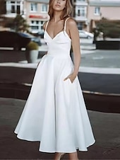 economico Abiti bianchi-Abiti bianchi per fidanzamento o laurea abiti da matrimonio A-Line spalline sottili senza maniche lunghezza alla caviglia abiti da sposa in raso con arricciature