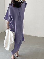 preiswerte Kleider-Damen Langes Kleid Maxikleid Leinen-inspirierte Kleider Freizeitkleid Stilvoll Ethnisch Lässig Urlaub Täglich Date Normale Passform Einfach Halbarm V Ausschnitt Purpur Sommer Frühling
