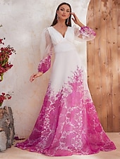 baratos Comprimento do chão-Vestido A-Line Mãe da Noiva Vestido Elegante Decote V Profundo Com Detalhes Franzidos Comprimento do Chão Organza Estampa Floral Manga Puff Longa Vestido Derby Vestido de Dia da Corrida Vestido