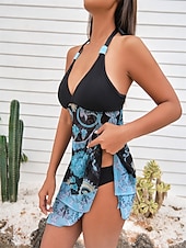 billiga Badessor-Kvinnors badkläder simklänningar 2-delad Cheeky Tankini baddräkt utan rygg hög midja smal semester strandkläder grafisk halter-hals ärmlösa baddräkter