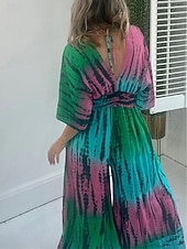baratos macacão de férias-Mulheres Normal Macacão Ativo Tintura Tie Dye Meia Manga Decote V Cintura Alta Férias Diário Normal Verde Verão
