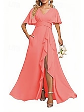 preiswerte Brautjungfernkleider-A-Linien Brautjungfernkleid V-Ausschnitt Kurzarm Elegant Bodenlänglich Chiffon mit Rüschen  Geteilter Front  Raffung