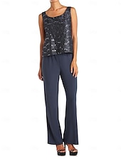 economico Tailleur pantalone della mamma-Tuta  Completo Mamma della Sposa Elegante Semplice Scollo a Gioiello Lunghezza Totale Chiffon Applicazione di Pizzo Sequins Manica 3/4 con Giacca con Bordo a Scallop Colore Unito 2025