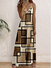 cheap Stripe&amp;Geometric Dress-Women&#039;s Maxi Dress Casual Dress Sundress A Line Dress Casual Flowy Vacation Casual Daily Regular Fit Geometric Sleeveless V Neck Brown Summer Spring Fall