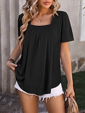 cheap T-shirts-Women&#039;s Boho T-shirt Plain Bohemia Stylish Basic Short Sleeve Puff Sleeve Square Neck Regular Tops Daily Going out Weekend Dressy Tunic Black White Light Green Pink Royal Blue Summer