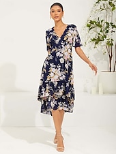 cheap Vacation Dresses-Women&#039;s Tea Length Chiffon Dress Elegant Flared Sleeve Vacation Daily Date Regular Fit Floral Short Sleeve V Neck Dark Blue Summer