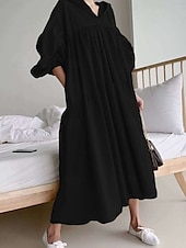 preiswerte Kleider-Damen Maxikleid Leinen-inspirierte Kleider Hemdblusenkleid Basic Lässig Urlaub Täglich Normale Passform Einfach Langarm Mit Kapuze Schwarz Khaki Frühling Herbst