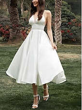 economico Abiti bianchi-Impegno Piccola Laurea Abiti Bianchi Vestiti da Sposa A-Line Scollo a V Spalline Sottile Senza Maniche Lungo al Ginocchio Abiti da Sposa in Raso Con Colore Solido 2025