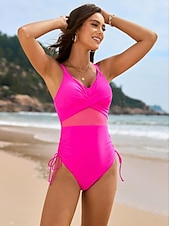 billiga One-piece-baddräkter-Dam Badkläder En bit Monokini Baddräkt Nät Öppen rygg Magkontroll Hög midja Smal Semester Standkläder Ensfärgat V-hals Ärmlös Baddräkter
