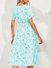 billiga Eleganta blommiga klänningar-Dam Midiklänning Vardagsklänning Swingklänning A linjeklänning Stylish Ledigt Semester Dagligen Normal Blommig Kortärmad V-hals Svart Vit Gul Rodnande Rosa Sommar