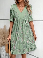 abordables Robes fleuries-Femmes Mini Robe Robe d&#039;été Occasionnel Quotidien Coupe régulière Fleuri Rayé Demi Manches Col en V Rouge Marron clair Bleu Vert Été Printemps