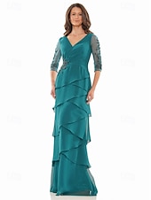 preiswerte Bodenlänge-A-Linie Kleid Brautmutterkleid Formell Elegant V Ausschnitt Bodenlang Chiffon Dreiviertelarm mit Stufen Kaskadierende Rüschen Einfarbig 2025