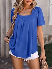 cheap T-shirts-Women&#039;s Boho T-shirt Plain Bohemia Stylish Basic Short Sleeve Puff Sleeve Square Neck Regular Tops Daily Going out Weekend Dressy Tunic Black White Light Green Pink Royal Blue Summer