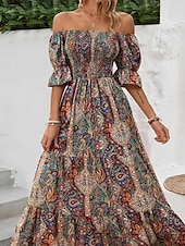 levne Boho šaty-Dámské Dlouhé šaty Maxi šaty Áčkové šaty Letní šaty Boho šaty Elegantní Čechy stylové Dovolená Denní Rande Běžný Grafika Krátký rukáv Pod rameny Oranžová Trávová zelená Tmavomodrá Léto