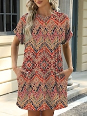 levne Boho šaty-Dámské Mini šaty Volnočasové šaty Tričkové šaty Boho šaty stylové Na běžné nošení Dovolená Denní Běžný Květinový S lístky Krátký rukáv Tričkový Vodní modrá Hnědá Trávová zelená Léto