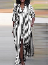 ieftine Rochii tip cămașă-Pentru femei Rochie Lunga Rochie Maxi Rochii Tip Cămașă Rochie casual Rochie de vară Stilat Casual Vacanță Zilnic Dată Fit regulat Dunga Manșon Jumate Rever Negru Roșu-aprins Albastru piscină Trifoi