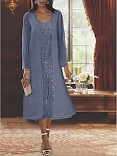 billige Med jakke-Strand Bryllup To Delt A-Linje Mor til Bruden Kjole Formell Bryllupsgjester Elegant V Hals Te Lengde Chiffon Blonde Ermeløse Jakke Kjoler med Beading Paljetter 2025 gratis tilpasset størrelse