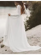 billige Brudekjoler-Strand Åpen Rygg Boho Bryllups Kjoler A-Line V-hals Illusjons Hals Lang Erme Retrett Tog Chiffon Brudekjoler Bryllups Kjoler Med Bånd  Bånd Drapering
