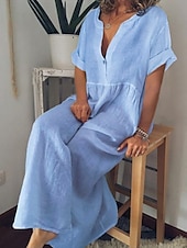 cheap Design Cotton &amp; Linen Dresses-Women&#039;s Maxi Dress Cotton Linen Dresses Casual Dress Basic Casual Vacation Daily Regular Fit Plain Short Sleeve V Neck Black White Purple Light Blue Summer