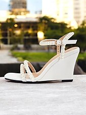 abordables Sandales Décontractées-talons compensés ornés de perles pour femmes – sandales de mariage élégantes à bout ouvert pour les mariées et les occasions formelles