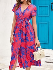 abordables Robes fleuries décontractées-Femme Robe Maxi Robe casual Robe Portefeuille Robe Trapèze mode Décontractées Vacances du quotidien Standard Floral Manche Courte Col V Rose Claire Rouge Eté