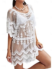 abordables Robes de plage-Robe de plage en maillot de bain pour femmes couverture maillot de bain dentelle vêtements de vacances couleur unie col rond manches courtes