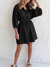 economico disegnare abiti in cotone e lino-Per donna Mini Abito Abiti in cotone e lino Abito Camicia Vestito Casual Essenziale Casual Vacanza Quotidiano Vestibilità regolare Semplice Manica 3/4 Colletto a Camicia Nero Cachi Estate