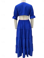 preiswerte abendkleider-Damen Maxidress abendkleider A Linie Kleid Elegant Stilvoll Brautkleider schlicht Ausgestellter Ärmel Party Verabredung Regular Fit Glatt Langarm V Ausschnitt Rote Blau Frühling Herbst Winter
