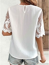 economico Top in Pizzo-Top in pizzo bianco elegante da donna con occhiello top regolari quotidiani maniche corte girocollo pizzo regolare quotidiano uscita romantica top petite estivi per le vacanze bianco estate