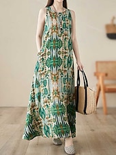 cheap Print Cotton &amp; Linen Dresses-Women&#039;s Maxi Dress Cotton Linen Dresses Casual Dress Boho Chic Dresses Tank Dress Bohemia Casual Boho Vacation Daily Beach Loose Fit Geometric Sleeveless Crew Neck Green Summer