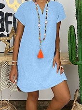 abordables robes imprimées en coton et lin-Femmes Mini Robe Robes en coton et lin Robe Décontractée Élégant Basique Occasionnel Vacances Travail Quotidien Coupe régulière Uni Manche Courte Col en V Blanche Jaune Bleu Vert Été Printemps