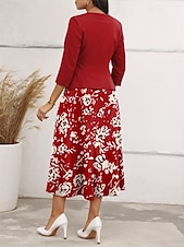 abordables Robe Fleurie-Robe Midi Femme Robe Décontractée Robe en Chiffon Robe Évasée Élégante Rendez-vous Coupe Régulière Fleurie Manches Mi-longues Col V Rouge Printemps