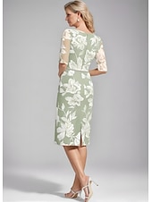 abordables Avec veste-Robe mère de la mariée deux pièces robe fourreau  colonne élégante vintage col en V longueur thé chiffon dentelle florale appliquée à manches 3/4 avec veste ruchée robe de jour de course