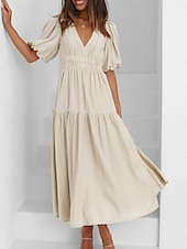abordables Robe de cocktail-Femme Robe Maxi Robe casual Robe Trapèze mode basique Décontractées Vacances du quotidien Standard Plein Demi Manches Col V Vert Beige Eté Printemps