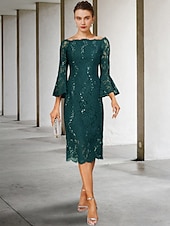 cheap Tea Length-Sheath Mother of the Bride Dress Wedding Guest Elegant Vintage Jewel Neck Tea Length Lace 3/4 Length Sleeve with Sequin 2025 free custom size