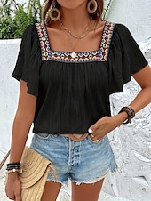 abordables Hauts de Vacances pour Femmes-Femme Chemise Chemisier Couleur unie mode Décontractées Manche Courte Col Carré Hauts réguliers du quotidien A Volants Patchwork Brodée Noir Blanche Eté Printemps