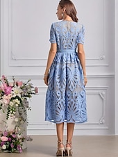 voordelige Cocktailjurken-Blauwe cocktailjurk kant strandbruiloft A-lijn elegante jurk bruiloft gast jurk semi-formele feestkleding thee lengte midi lengte korte mouw afgeronde zoom met borduurwerk jurken