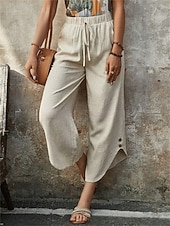 billiga breda ben och hög midja-Dam Kinesiska Mode Streetwear Ankellång Hög midja Slät Snörning Ficka Bekväm Mjuk Microelastisk Utomhus Gata Marin Svart Mandel Armégrön Sommar Vår Lös passning