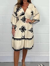 olcso Nyomtasd a virágmintás ruhákat-Női Midi ruha hétköznapi ruha Boho elegáns ruhák Boho ruha Csehország Alkalmi Boho Vakáció Napi Tengerpart Laza öltözet Grafika Hosszú ujj V-alakú Fekete Rubin Lóhere Sárgabarack Nyár Tavasz
