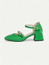 economico Anni &amp;#39;50-scarpe da donna con tacco a blocco mary jane retrò – pelle verniciata verde brillante con cinturini regolabili, perfette per ufficio, feste e outfit casual