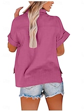 billige Skjorter-Dame Skjorte Skjorter i bomullslin Knapp opp Bluse Helfarge Stilfull Fritid Kortermet Skjortekrage Vanlige topper Daglig Knapper Lomme Sølv Vin Militærgrønn Rose Rosa Sommer