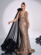 abordables JAUNE-Robe de soirée sirène / trompette, imprimé léopard, élégante, robe de carnaval, longueur au sol, sans manches, col en V, polyester avec fleur à l&#039;épaule, 2025