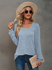 abordables Tops Sencillos para Mujeres-Mujer Sayo Remera de algodón Plano Bohemia Elegante Básico Manga Larga Manga Farol Escote Cuadrado Tops regulares Diario Deportes Noche Negro Rosa Morado Verde Trébol Caqui Primavera Otoño